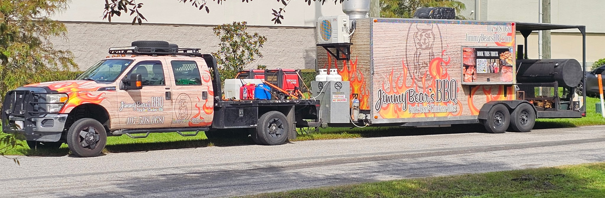 Jimmy Bear's BBQ flame-wrapped truck and trailer
